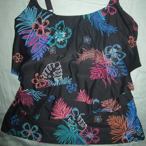 NWT Coco Reef Aura Ruffle Tankini top, black w bright aloha floral, size 34DD